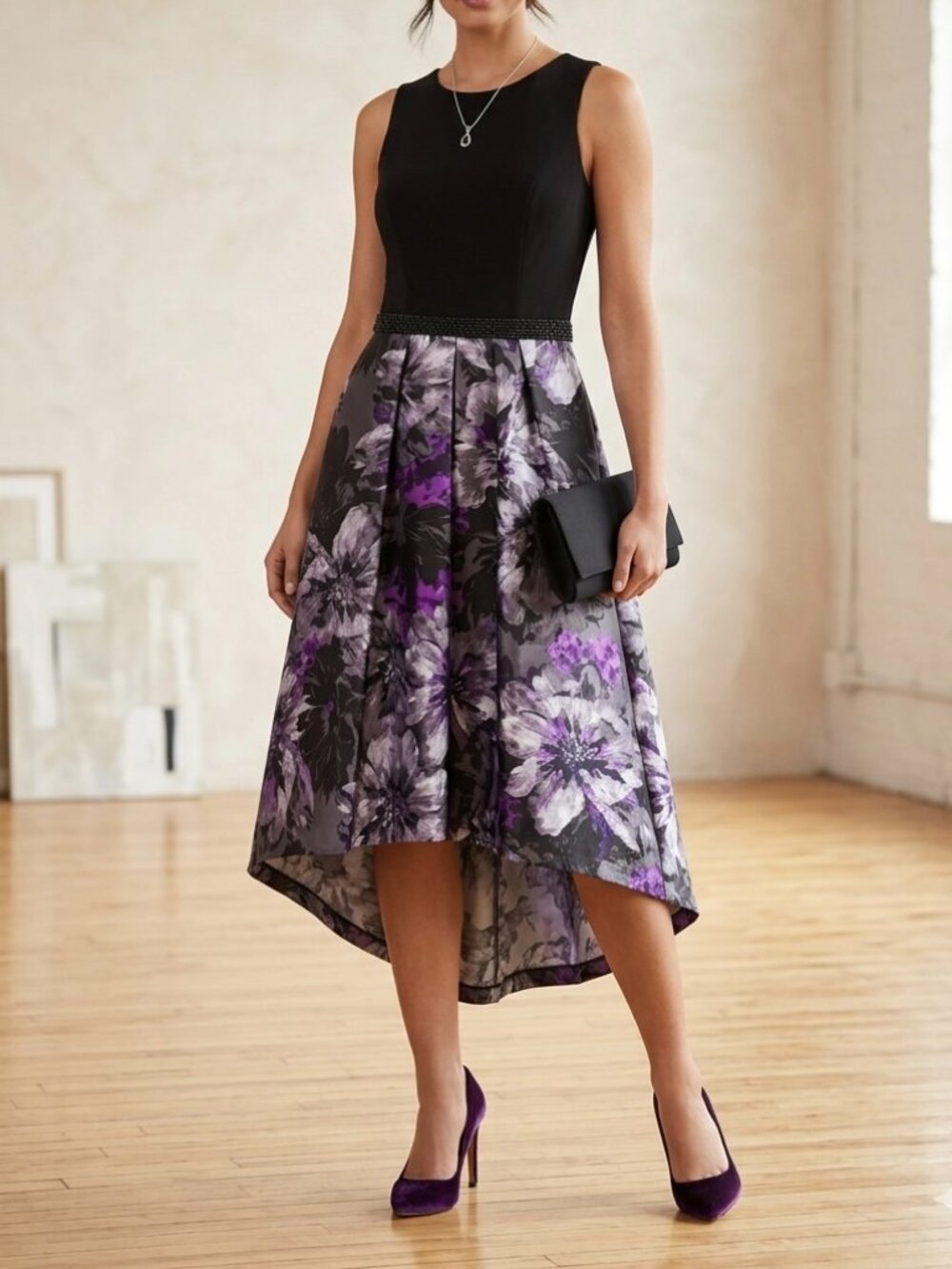 SLNY High-Low Floral Print Sz 10 Beaded Cocktail Dress Formal Luxury Party